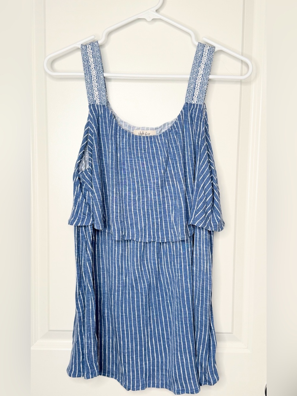 Style & Co Womens L Blue White Stripe Cold Shoulder Ruffle Tunic Top Boho Rayon